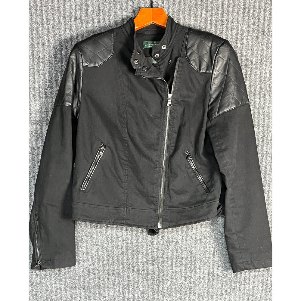 Lauren‎ Ralph Lauren Black Moto Jacket Quilted Faux Leather Trim Womens Size 8